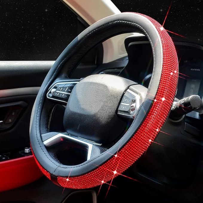 ChuLian New Diamond Leather Steering Wheel Cover with Bling Bling Crystal Rhinestones, Universal Fit 15 Inch Car Wheel Protector for Women Girls Red Diamond