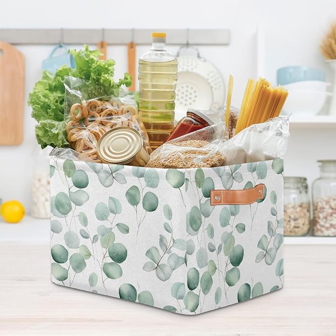 Eucalyptus Leaves Storage Baskets for Organizing, Fabric Collapsible Storage Bins Box Sage Green Decorative Toy Organizer Baskets for Closet Shelves Gift Basket 2Pcs