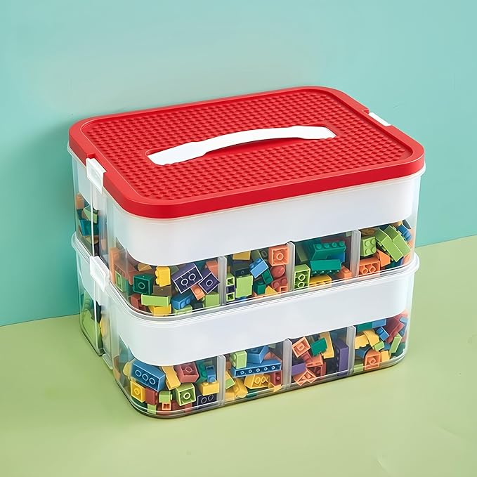 Toys Organizer Storage Case for Lego Box Kids Toy Stackable Building Blocks with Lids Bins Adjustable Lego Storage Containers Plastic Toy Box Red 2 Layers