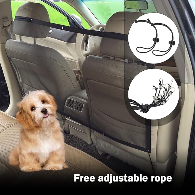 Dog Car Net Barrier, Car Pet Barrier with Adjusting Rope, Pet Backseat Isolation Net, Multifunctional Cars Dog Guardrail,for Most Cars (Black)