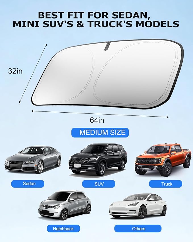 DMJN Front Windshield Sun Shade for Universal Medium Size, [Nano Ice-Crystal Coatings] UPF50+ Heat & UV Block, Protect Car Interior & Keep Cool, Flodable Steel-Ring Car Cover for Summer