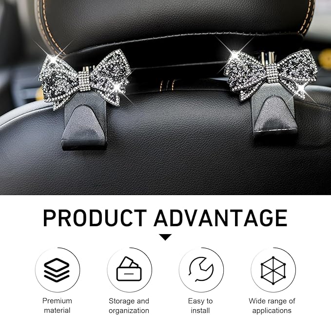 2PCS Bling Car Headrest Hook, Crystal Rhinestone Cute Bow Vehicle Seat Back Hook, PVC Multi-Functional Hook for Handbags Shopping Bags Wallet, Universal for Most Vehicles (Black)