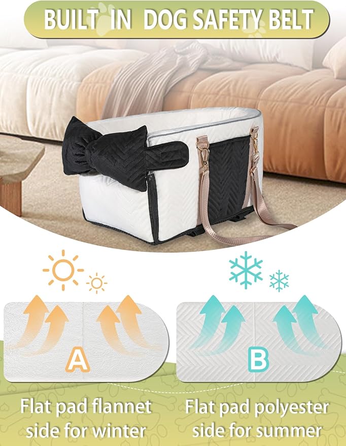 Prpeko Small Dog Car Seat, Portable Dog Seat with Soft Washable Cushion,Center Console Dog Car Seat for Small Dogs Up to 13lbs(White)