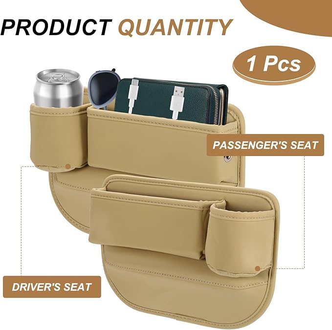 HARFINGTON Car Seat Gap Filler Organizer 11.8 x 8.3 x 2.2 Inch PU Universal Car Organizer Storage Box Between Seat and Console (Left) with Cup Holders for Phone Sunglasses Keys, Beige