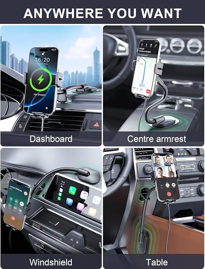 MOKPR Wireless Car Charger, Adjustable Gooseneck Car Mount Auto-Clamping Car Charger, Dashboard [with Anti Shake stabilizer] Phone Holder fit for iPhone 17 16 15 14 13 12, Samsung,with QC 3.0