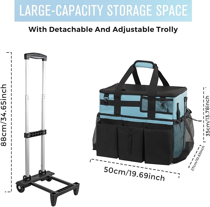 Rolling Cleaning Caddy Bag with Detachable Trolley, Large Cleaning Supplies Organizer with Wheels, Multi Pocket Cleaning Cart with Adjustable Shoulder Strap for Housekeepers & Home, SkyBlue