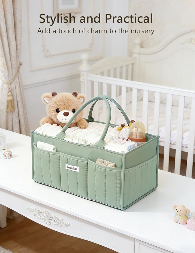 Baby Diaper Caddy Organizer, Portable Nursery Storage Basket for Newborn Essentials, Changing Table & Car Caddy Organizer, Gift for Baby Shower, Registry Must-Have for Boy Girl, Green