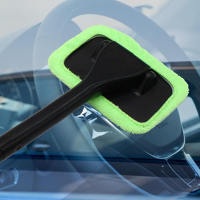 Car Window Cleaner Kit Windshield Cleaning Tool with Extendable Long Handle and 2 Washable Reusable Microfiber Pads, Green