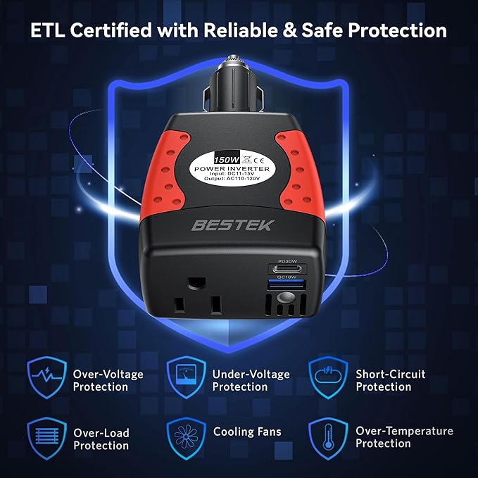 BESTEK 150W Power Inverter 12V to 110V Voltage Converter Car Charger Power Adapter with PD30W QC18W Dual USB Charging Ports