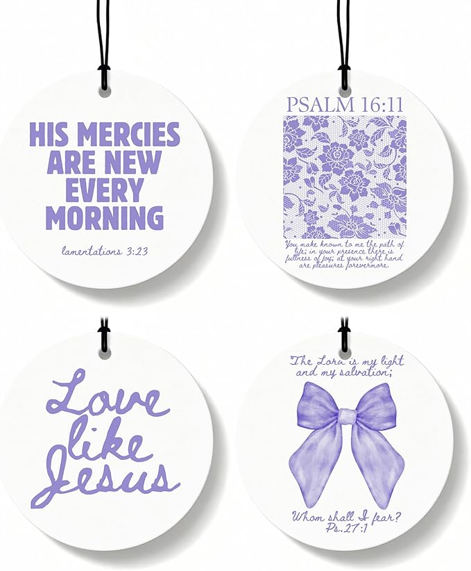 Purple Christian Round Car Air Freshener 4 Pcs, Girly Pouple Bow Floral Religious Hanging Air Freshener for Cars Closet Drawer Books, Cute Preppy Car Accessories Mirror Decor for Women