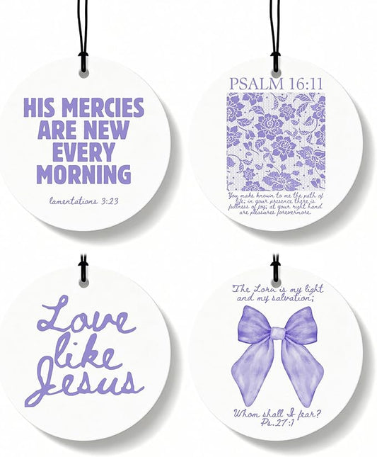 Purple Christian Round Car Air Freshener 4 Pcs, Girly Pouple Bow Floral Religious Hanging Air Freshener for Cars Closet Drawer Books, Cute Preppy Car Accessories Mirror Decor for Women