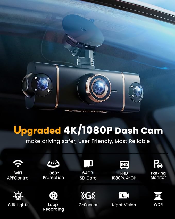 4K+1080P*3 FHD Car Camera, 4 Channel 360° Dash Cam Front Rear Inside & Left Right, 5GHz WiFi & App Control, 24H Parking Mode, G-Sensor, 8 IR Lamps Night Vision, Loop Recording, Includes 64GB SD Card