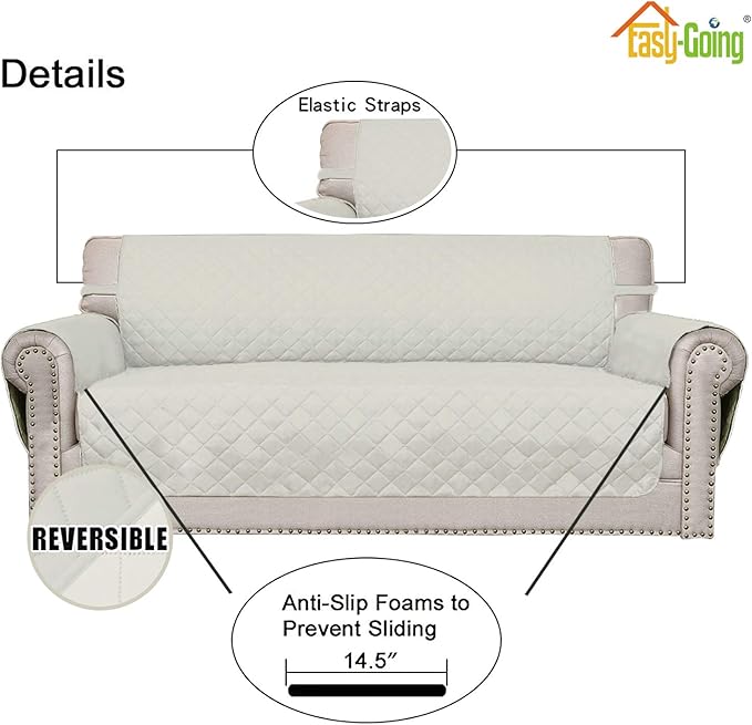 Easy-Going 4 Seater Sofa Slipcover Reversible Sofa Cover Water Resistant Couch Cover with Foam Sticks Elastic Straps Furniture Protector for Pets Children Dog Cat (XX-Large, Ivory/Ivory)