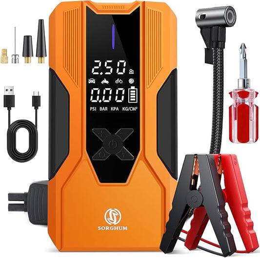 Sorghum Battery Jumper Starter Portable - 8000A Car Battery Jump Starter with Air Compressor, 150PSI Jump Box with Tire Inflator, Car Battery Booster Jump Pack for All Gas/12L Diesel