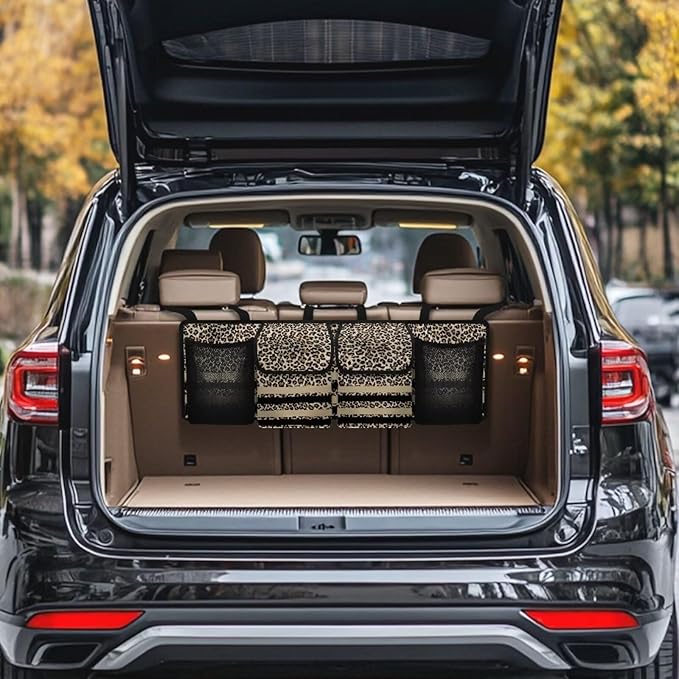 Hanging Backseat Trunk Organizer for Car Brown Leopard Print Car Storage Organizer Multipurpose Cargo Bag with 3 Adjustable Buckles