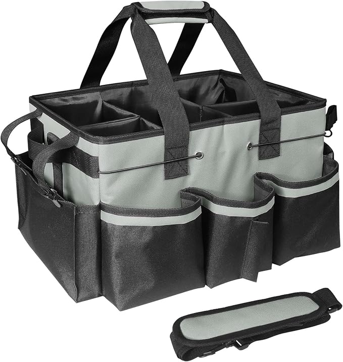 Cleaning Bags for Housekeepers, Large Cleaning Supplies Organizer with Handles & Shoulder Strap, Cleaning Caddy Bag with Foldable Divider for Cleaners, Car Horse Cleaning Bag(Grey)