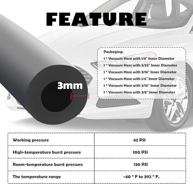 6PCS 5Ft Vacuum Hose Automotive,Silicone Vacuum Hose with ID 1/8" 5/32" 3/16" 1/4" 5/16" 3/8",130PSI Max Pressure Vacuum Line Kit Silicone Tubing Car Accessories for Air/Water (6PCS)