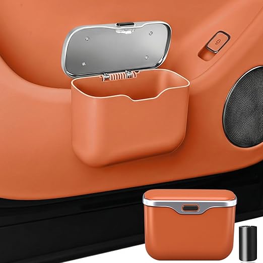 Car Trash Can with Lid - Leakproof Hanging Car Garbage Bin for Door & Seat Back - Waterproof Auto Trash Bag & Multifunctional Storage Organizer for SUV, Truck, Sedan (Orange)