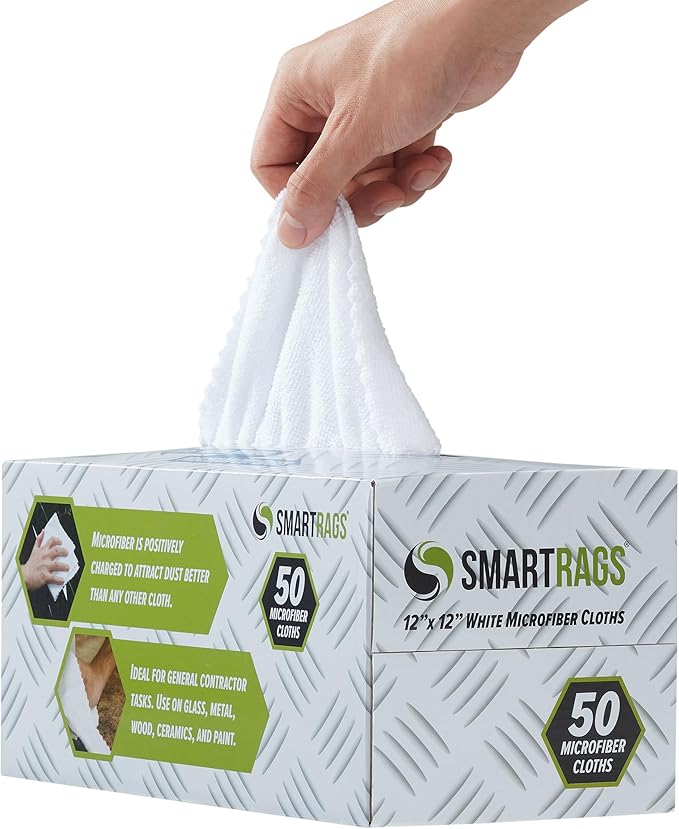 Arkwright Smart Rags Microfiber Cleaning Cloths, Pack of 50 in a Box, Lint Free 180 GSM Reusable Towels for Auto, Office and Household Cleaning, 12 x 12 in, White
