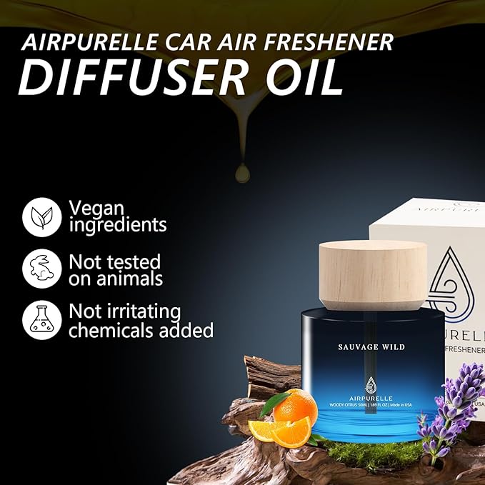 Car Air Freshener 50ML (1.7 FL OZ) Car Air Fresheners Diffuser, Woody Citrus Fragrance Oil Car Air Freshner, 180+ days Long Lasting Car Perfume, Wooden Cup Design, Made in USA
