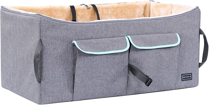 Petsfit Dog Car Seat for Large Dogs, Pet Travel Dog Booster Seat with 2 Safety Belt, Washable Double-Sided Cushion and Storage Pocket for Medium Dogs (Large, Light Grey)