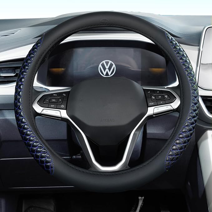 Coverado Car Steering Wheel Cover, Nappa Leather Black & Blueline Steering Wheel Covers, Universal 14-15 inch, Anti-Slip, Breathable Steering Wheel Protector for Women Men