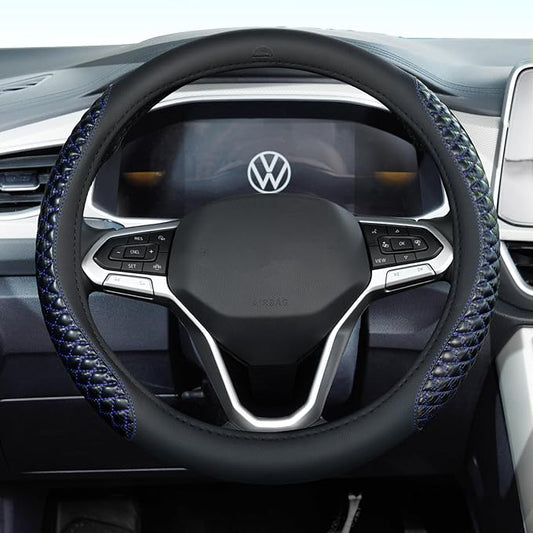 Coverado Car Steering Wheel Cover, Nappa Leather Black & Blueline Steering Wheel Covers, Universal 14-15 inch, Anti-Slip, Breathable Steering Wheel Protector for Women Men
