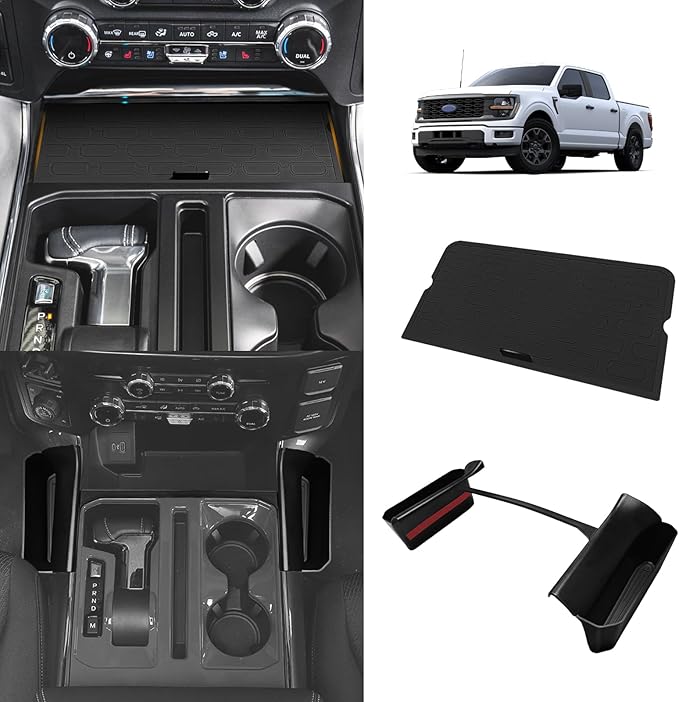 Muslogy Center Console Organizer 2PCS Compatible with 2021-2026 Ford F150 Accessories Front Console Storage Cover & Side Hanging Organizer Privacy Lid with USB Hole, Left & Right Seat Phone Pocket