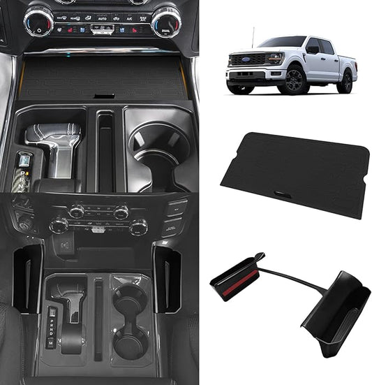 Muslogy Center Console Organizer 2PCS Compatible with 2021-2026 Ford F150 Accessories Front Console Storage Cover & Side Hanging Organizer Privacy Lid with USB Hole, Left & Right Seat Phone Pocket