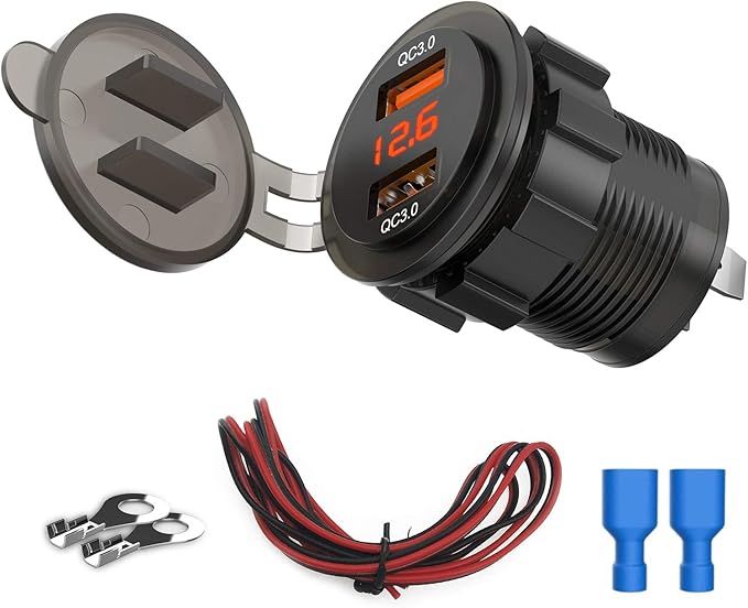 Dual QC3.0 USB Charger Socket with Voltmeter, 36W Waterproof Quick Charge 3.0 Power Outlet Adapter with Voltage Meter for 12V/24V Car Boat Marine ATV RV Campers Tractors Truck Golf-Cart