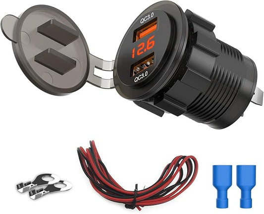 Dual QC3.0 USB Charger Socket with Voltmeter, 36W Waterproof Quick Charge 3.0 Power Outlet Adapter with Voltage Meter for 12V/24V Car Boat Marine ATV RV Campers Tractors Truck Golf-Cart
