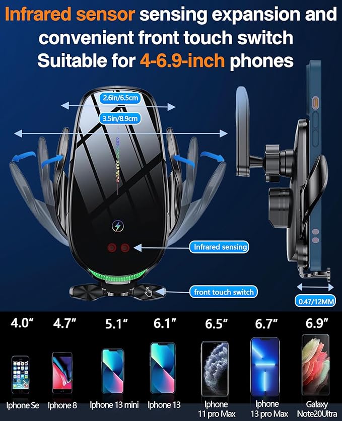 Wireless Car Charger, 15W Fast Wireless Charger for Car Auto-Clamping, Fit for iPhone 15 14 13 12 11 Pro Max Xs, Samsung Galaxy S23 Ultra S22 S21 S20, S10+ S9+ Note 9, etc