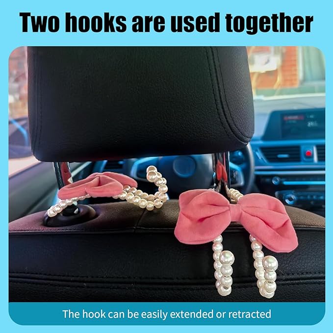 2 PCS Bow Pearl Car Headrest Hooks, Elegant & Cute Seatback Storage Organizers, Durable Alloy Accessories for Hanging Backpacks Umbrellas & Wallets for Girl Women's Vehicles (Pink)