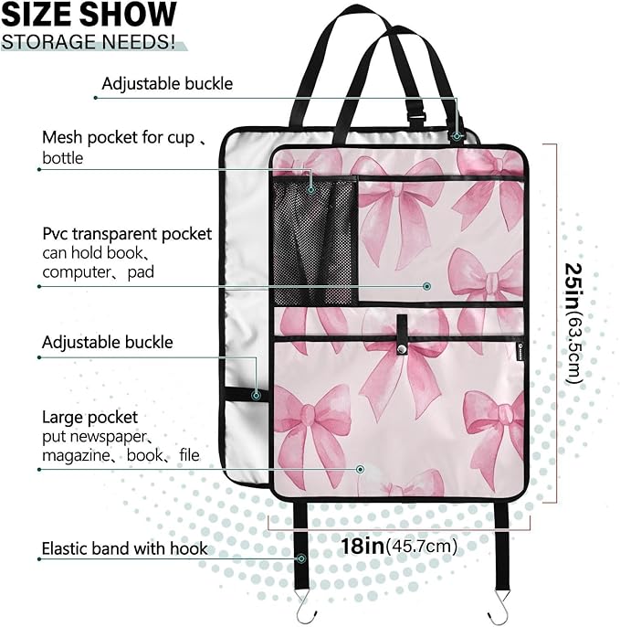 KJIMZO Pink Bows Car Backseat Organizer Kick Mats Protector Seat Covers Vehicle Back Seat with Storage Pockets for Road Trip-2Ppacks