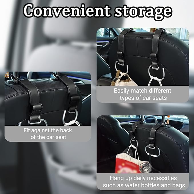 6Pcs Car Purse Hooks, Adjustable Leather Headrest Hooks for Car, Seat Back Organizer for Bags Purses (Black)