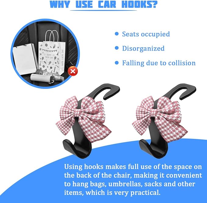 2PCS Car Seat Headrest Hooks, Cute Bow Vehicle Backseat Storage Hanger for Handbag Umbrella Coat, Automotive Seat Back Hook Holder Organizer Decor, Universal for Vehicles (Pink Houndstooth)