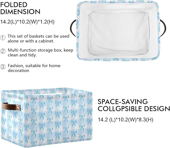 Wamika Bow Blue Storage Basket with Waterproof Liner and PU Handles Bowknot Cute White Storage Bins Boxes 14.2" Collapsible Decorative Organizer Baskets for Bedroom Closet Office 1 Pack