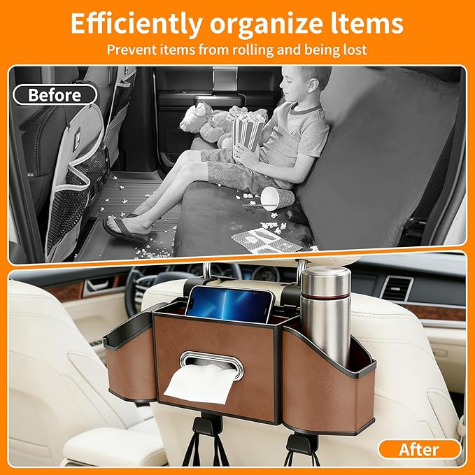 7-in-1 Multifunctional Car Seat Back Organizer, Car Back Seat Storage Box Trash Can & Cup Holder with Tissue Box, Hooks, Universal Fit for Most Cars, SUVs, Trucks (Brown)