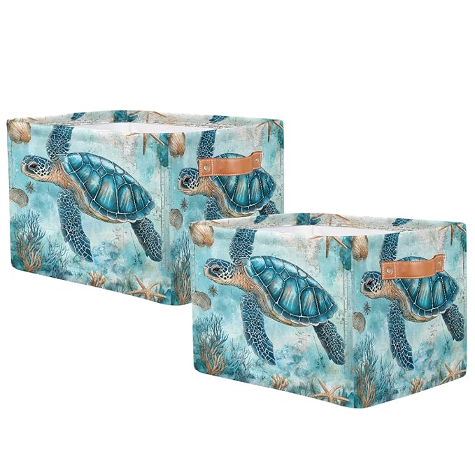 Turquoise Turtle Storage Baskets for Organizing, Fabric Collapsible Storage Bins Box Ocean Seashell Decorative Toy Organizer Baskets for Closet Shelves Gift Basket 2Pcs