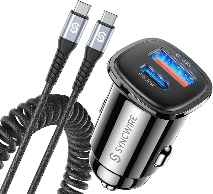 Syncwire USB C Car Charger 60W [PD 30W & QC 30W] Fast Charging USB Adapter with 5FT Type C Coiled Cable Compatible with iPhone 16/16 Plus/16 Pro/16 Pro Max/Galaxy S23/S22/ Google Pixel 7/7Pro
