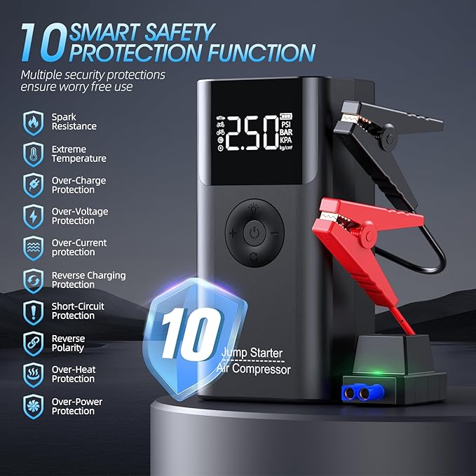 Jump Starter with Air Compressor, LERTIN 2500A 150PSI Portable Car Battery Jump Starter Pack, 12V Jump Box with USB Fast Charge, for up to 9.0 Gas/8.0L Diesel Engine, 3 Modes Lights/Large LCD Display