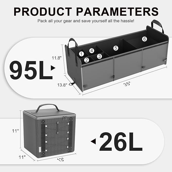 Bold Color Block Trunk Organizer | 95L, 35"x13.8"x11.8" | Dedicated Shoe Storage & 26L Ice Pack | Foldable for SUV/Car/Jeep | Car Accessories for Men & Women - Gray-X212