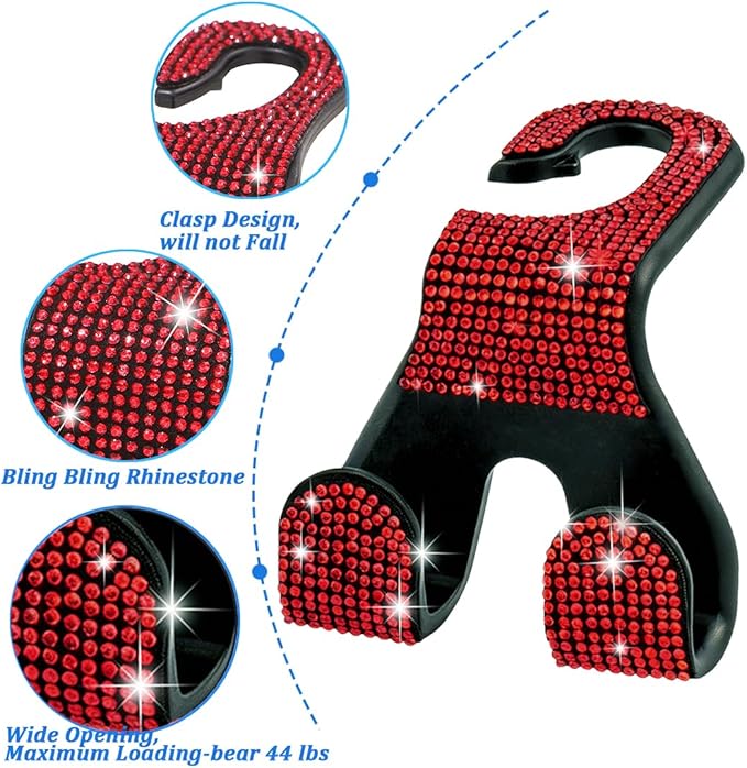 MTGOCHA Bling Car Purse Hooks 2Pcs, Durable Car Headrest Hook, Holds 44Lbs, Double-Hooks, Wide-Opening, Rhinestone Automobile Purse Hangers Holder, Bling Car Accessories for Women, Red