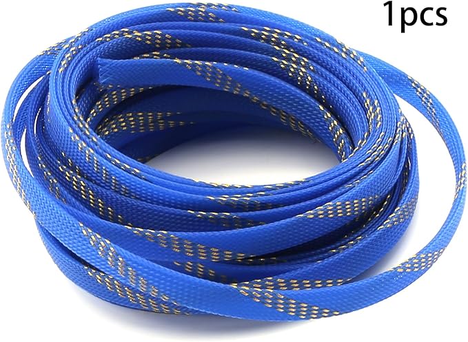 Aicosineg Cable Sleeve Braided Sleeving PET Wire Loom Tubing Cable 32.81ft-4/9inch Wrap Protector for HiFi Audio and Video Headphone Cable Protect Wires from Chewing of Pets Blue and Gold