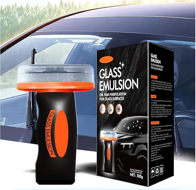 Glass Oil Film Remover for Car,Glass Emulsion Cleaner, Handheld Car Glass Cleaner Oil Film Cleaning Brush，Removes Oil Film & Smudges, Improve Windshield Clarity for Safe Driving（1Pcs）