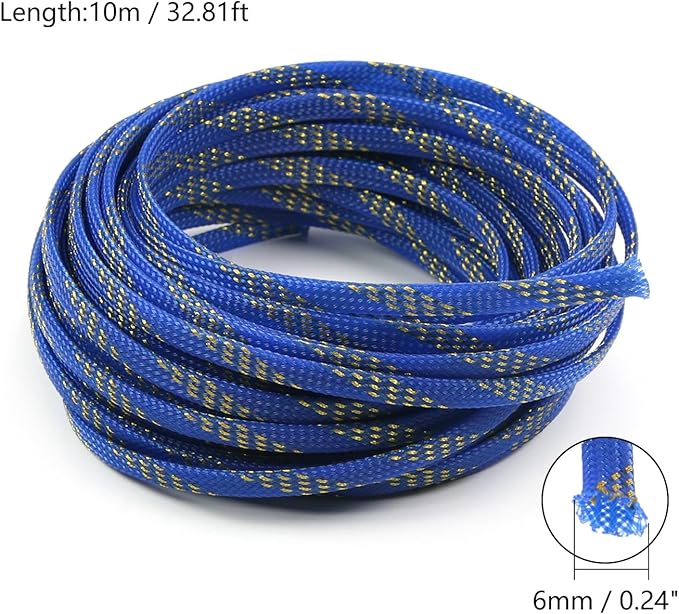 Aicosineg 32.81ft PET Flexible Braided Cable Sleeve 0.25inch Width Wire Loom Sleeving and Organizer Flexible Wire Mesh Sleeve Wrap Protector for TV Audio PC Cords from Pets Chewing Blue and Gold