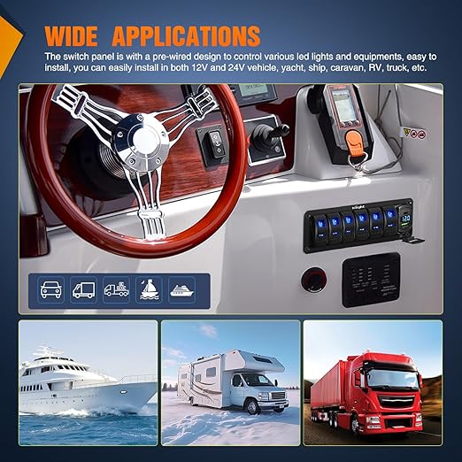Nilight 6 Gang Rocker Switch Panel with PD Type C and USB Charger Voltmeter 12V SPST ON Off w/Blue Backlit Waterproof Aluminum Toggle Switches for Boats Cars RVs Trucks