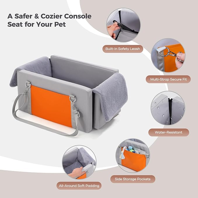 Avont Dog Car Seat for Small Dogs, Anti-Anxiety Center Console Booster Seat with Safety Straps, Soft Padded Travel Seat for Small Dogs & Cats up to 8 lbs -Light Grey