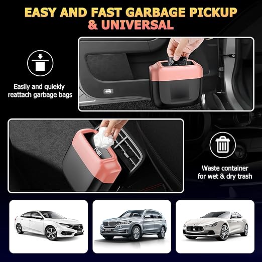 MOTORBUDDY Car Trash Can with Lid, Built-in Storage Garbage Bag, Vehicle Trash Accessories for Interior, Mini Garbage Bin for Automotive, Home, Office, Kitchen, with 30pcs Trash Bags…