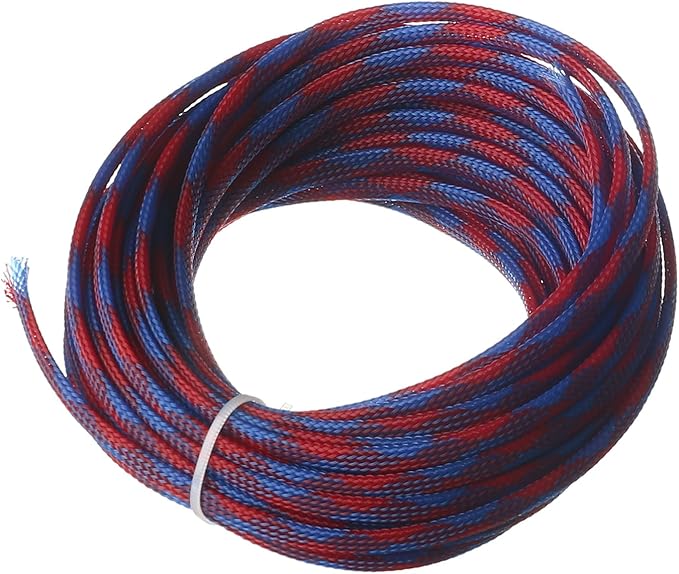 Aicosineg 32.81ft PET Flexible Braided Cable Sleeve 0.25inch Width Wire Loom Sleeving and Organizer Flexible Wire Mesh Sleeve Wrap Protector for TV Audio PC Cords from Pets Chewing Blue and Red